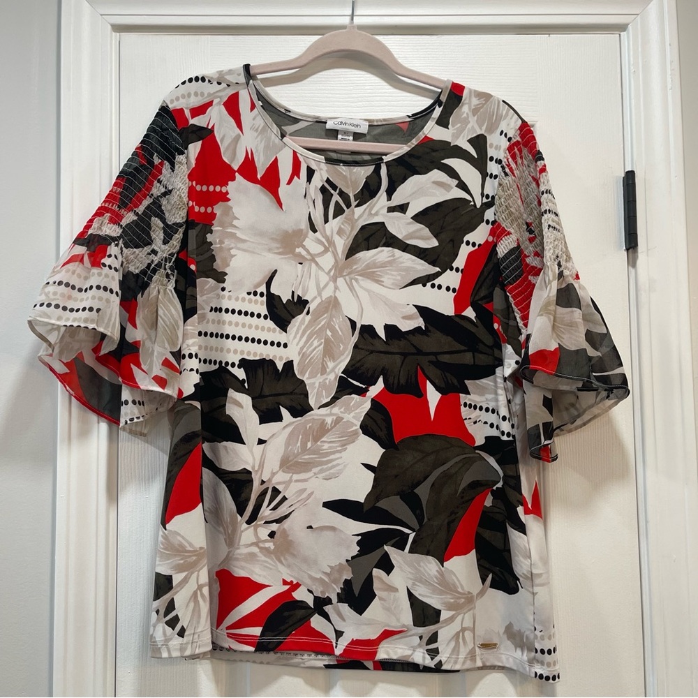 Calvin Klein Red and Black Floral Blouse